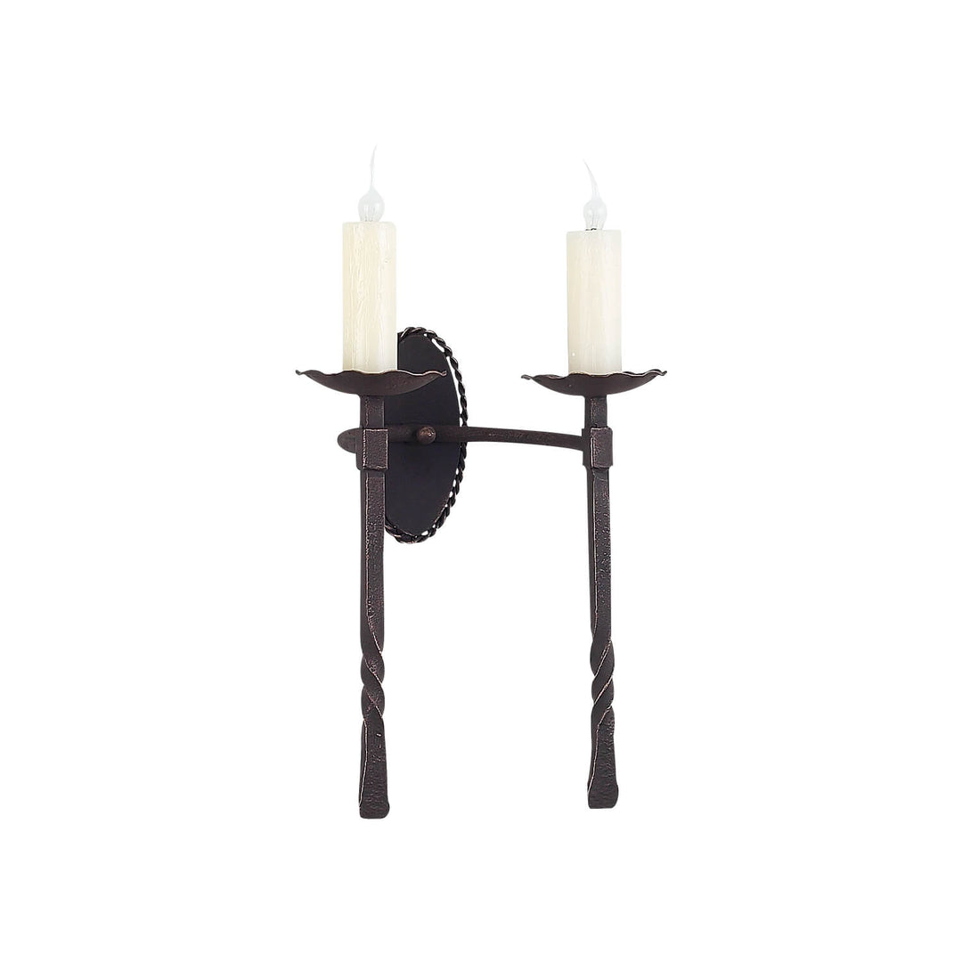 SC-801 two-light wrought iron wall sconce with twisted vertical stems, scalloped candle cups, and an oval iron backplate.