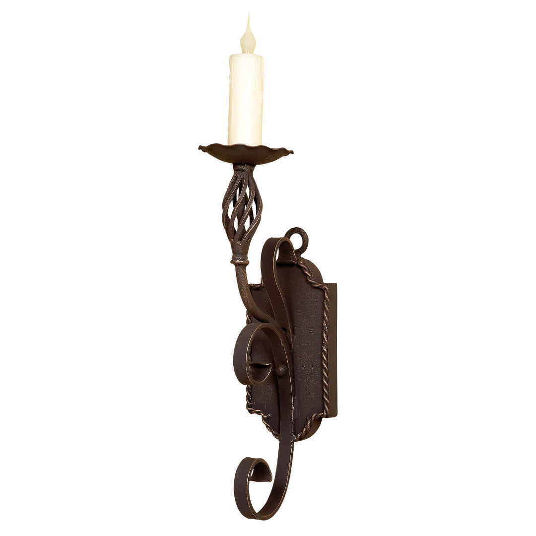 SC-808 single-light wrought iron wall sconce with twisted iron basket, curled scrollwork, rope-trimmed backplate and candle cover