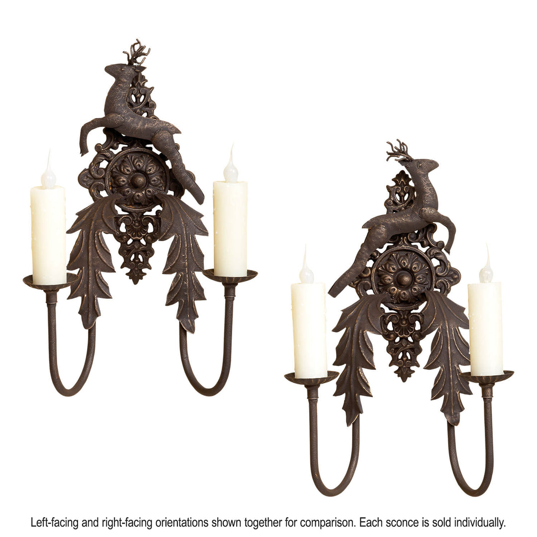 SC-860 wrought iron deer wall sconce shown in left-facing and right-facing orientations, each with two candle-style lights.
