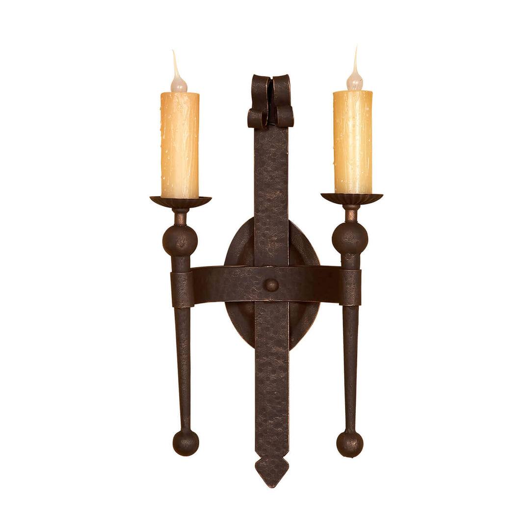 SC-114 two light wrought iron wall sconce with candle style lights and forged iron bracket, handcrafted in our dallas texas wrought iron lighting workshop.