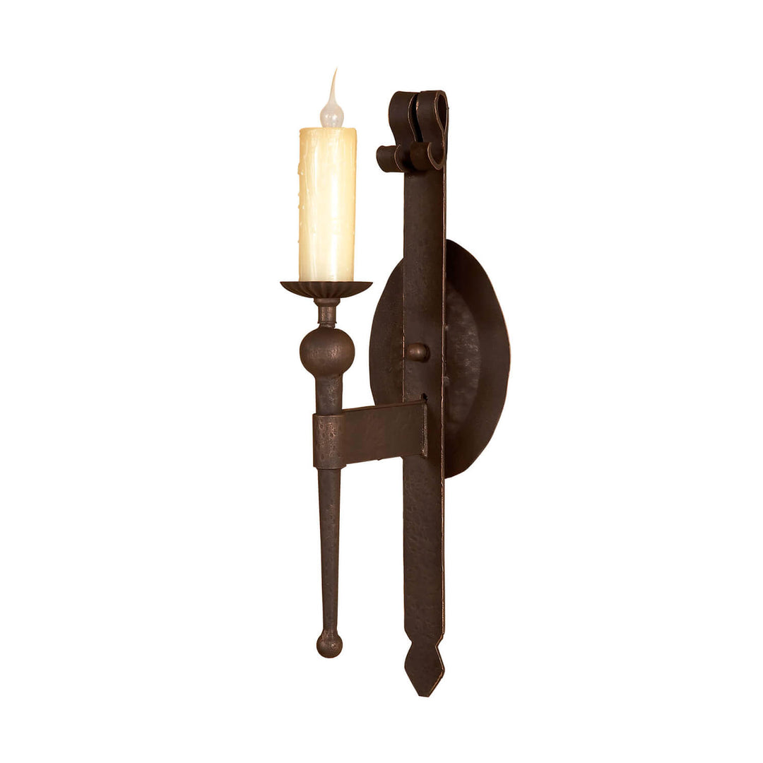 SC-115 handcrafted wrought iron wall sconce with candle style light and forged iron bracket, manufactured in our wrought iron lighting workshop.