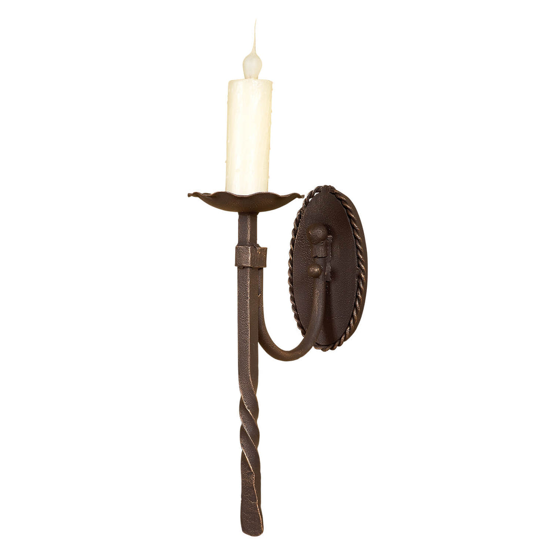 SC-800 handcrafted wrought iron wall sconce with candle style light and twisted iron arm, manufactured in our wrought iron lighting workshop.