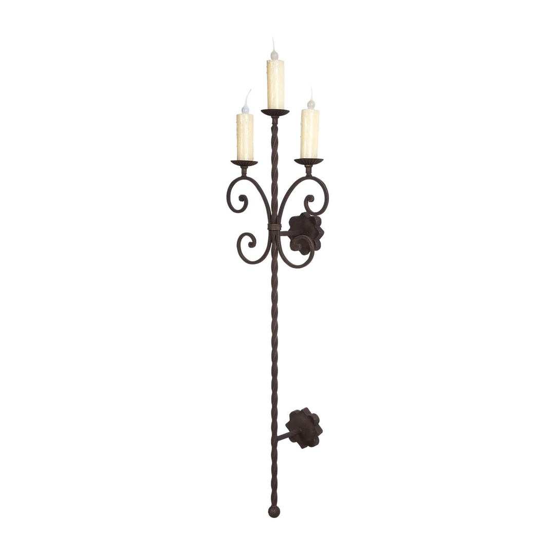 SC-846 three light wrought iron wall sconce with scrollwork arms and candle style lights, handcrafted in our wrought iron lighting workshop.