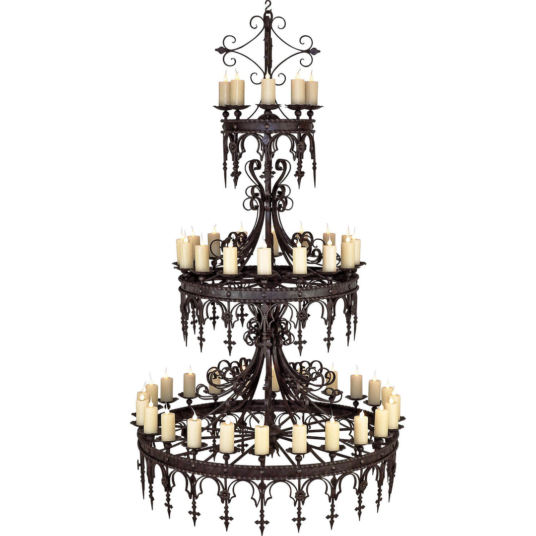 Shahin monumental 48-light wrought iron chandelier with three ornate tiers, scrolling ironwork, decorative pendants, and included wax covers.