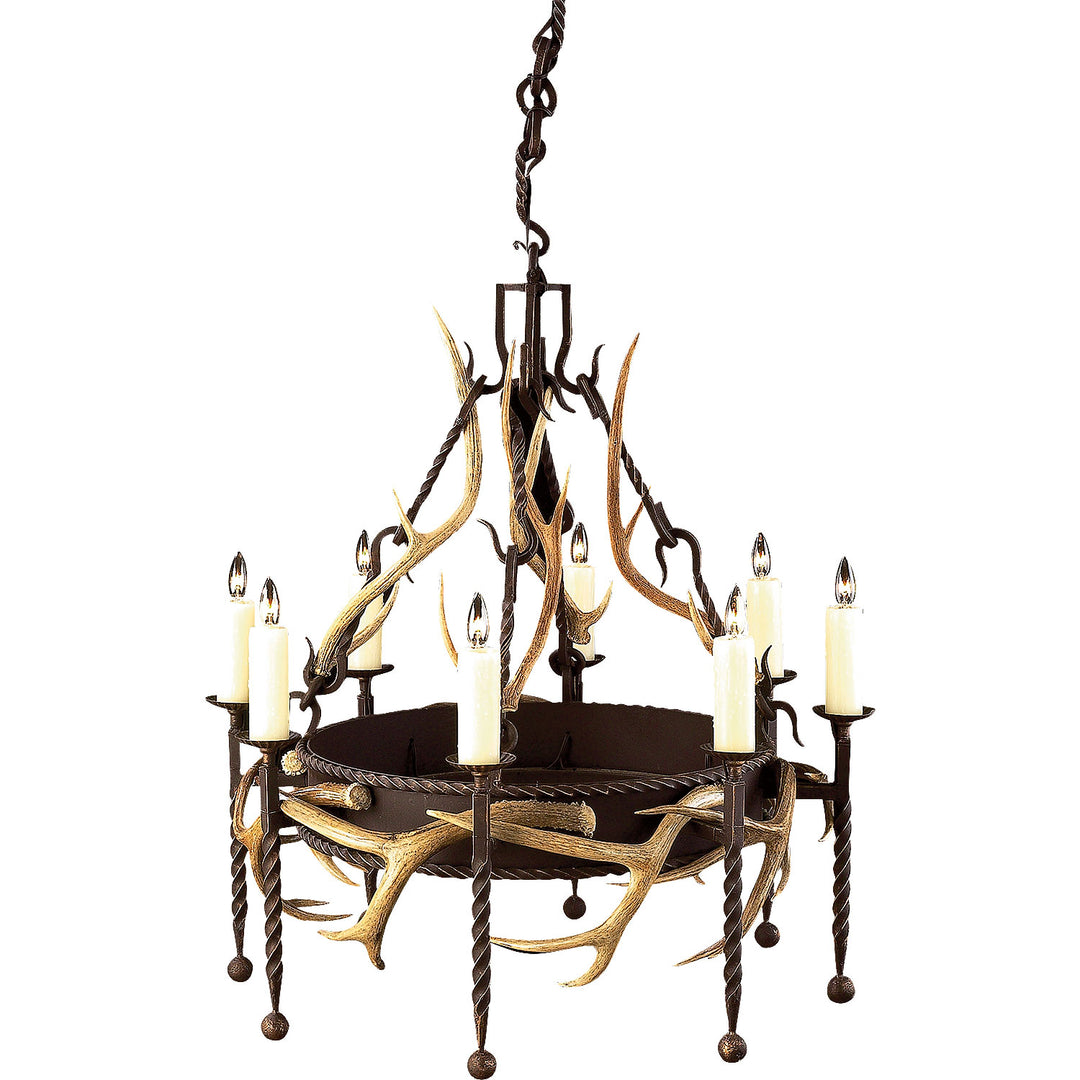 single tier wrought iron antler chandelier with forged iron ring and natural antlers, handcrafted designer lighting by manufacturer