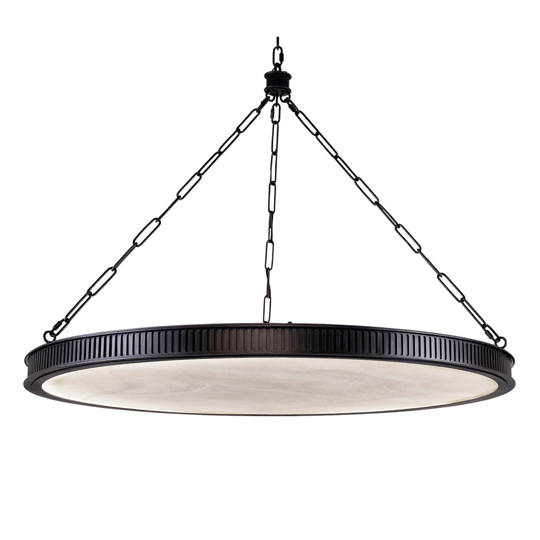 Soho wrought iron disc chandelier with a circular architectural frame and broad natural alabaster diffuser suspended from three chains.