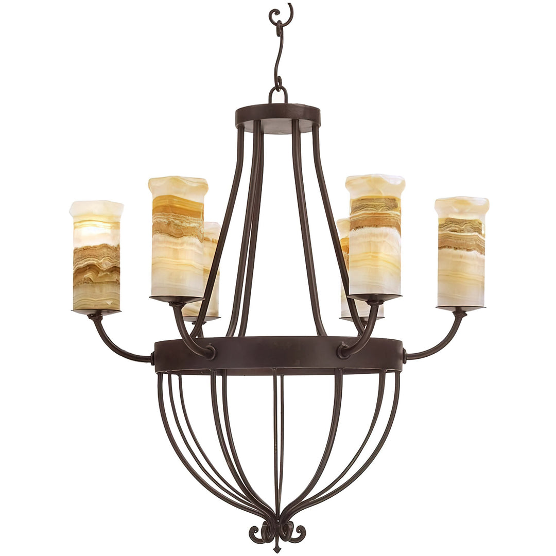 Sorento six-light alabaster chandelier with naturally veined stone shades, graceful curved iron arms, and sculptural open lower framework.