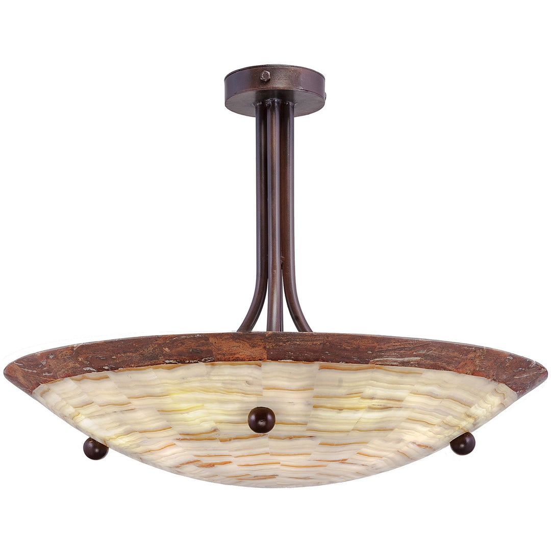 Sparta alabaster flush mount lighting with natural stone bowl shade, wrought iron frame, semi-flush profile, and artisan finish