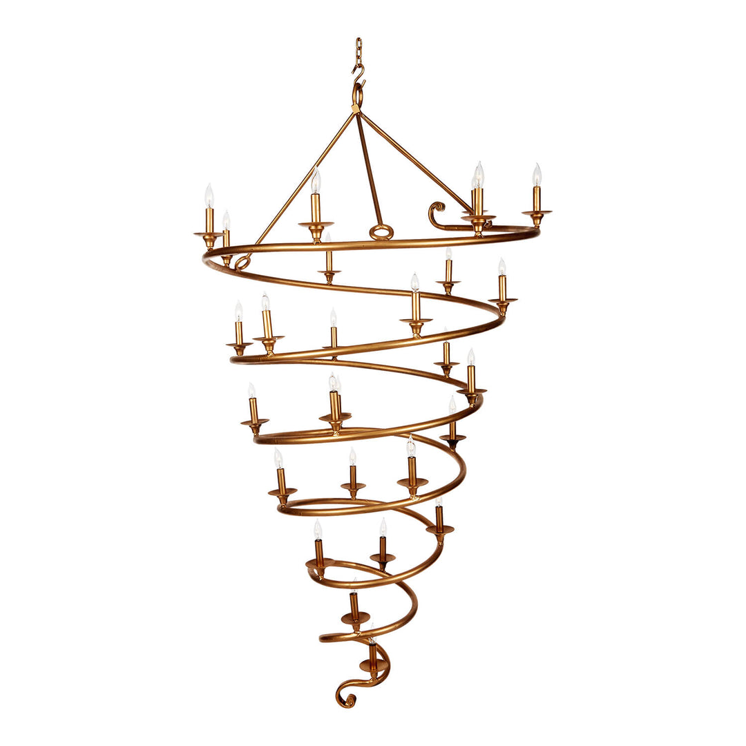Spiral sculptural wrought iron chandelier with 26 candle lights descending through a tall helix frame in a warm hand-applied finish.
