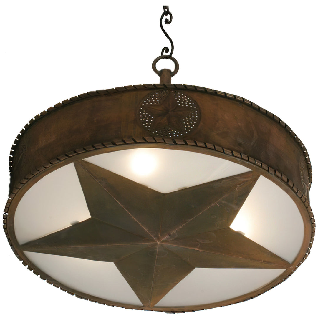 Star (large) wrought iron designer chandelier with raised Texas star motif, round iron frame, warm diffuser, and artisan finish