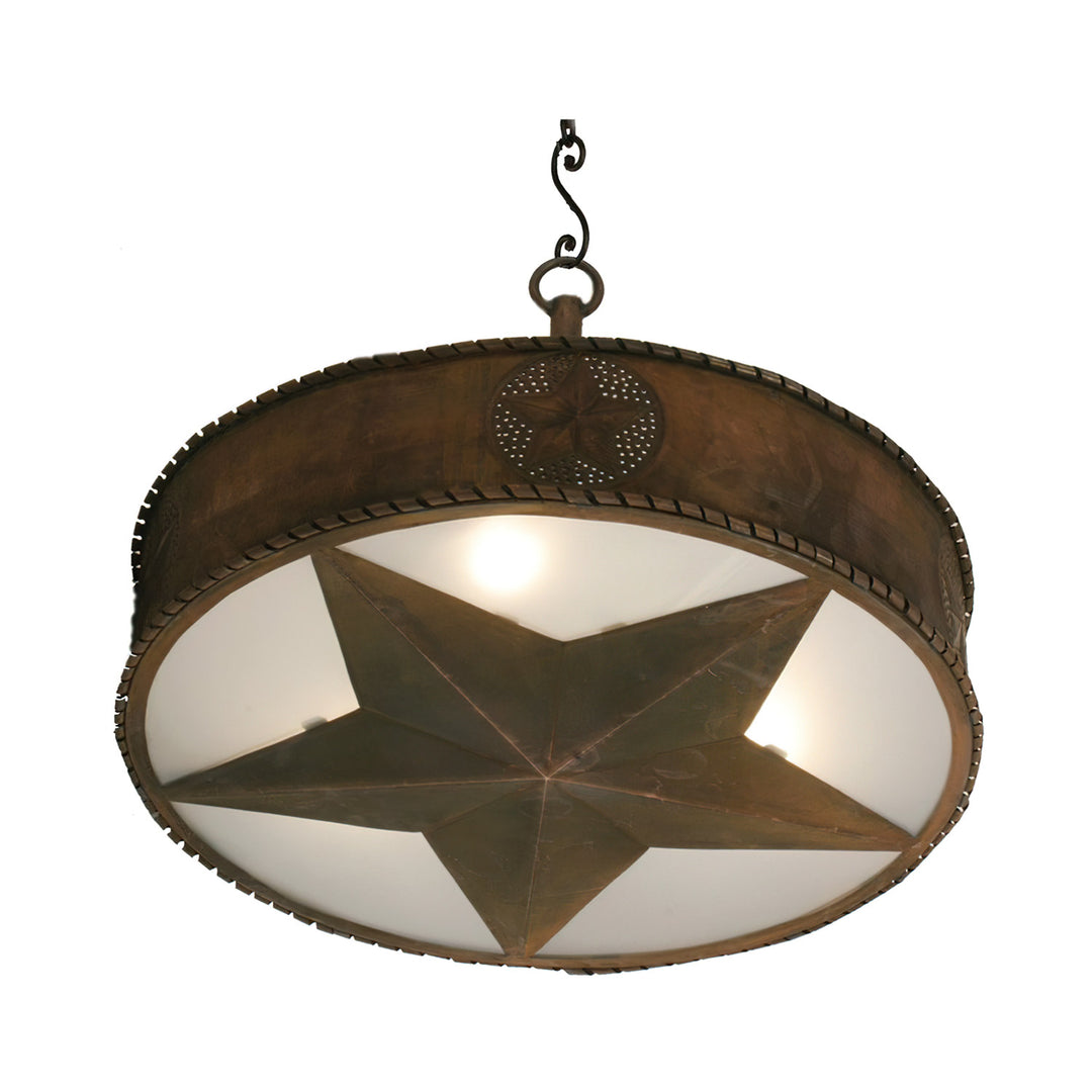 Star small wrought iron designer chandelier with round frame, raised star diffuser, rustic metalwork, and artisan finish
