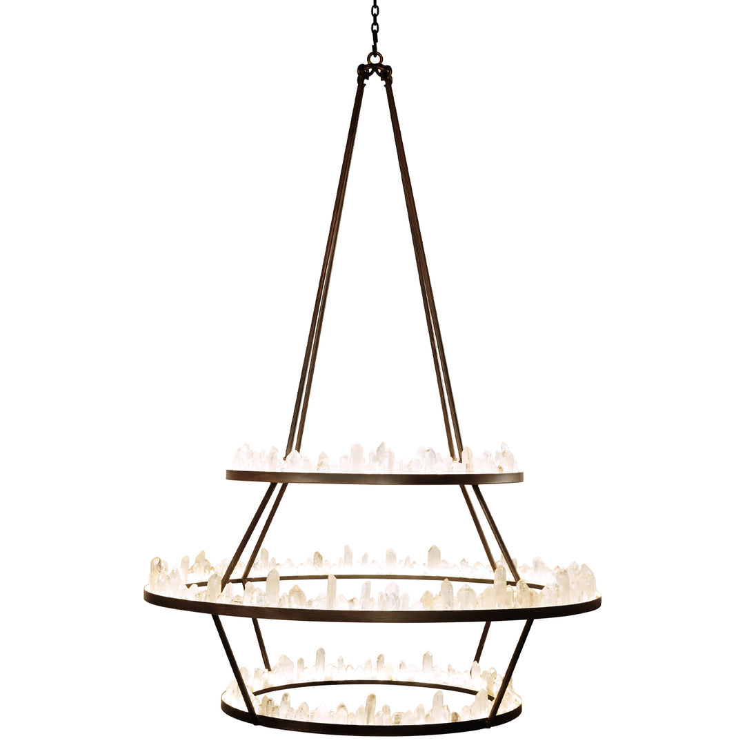 Strata three-tier wrought iron quartz chandelier with three vertically layered circular rings lined in illuminated natural quartz formations.