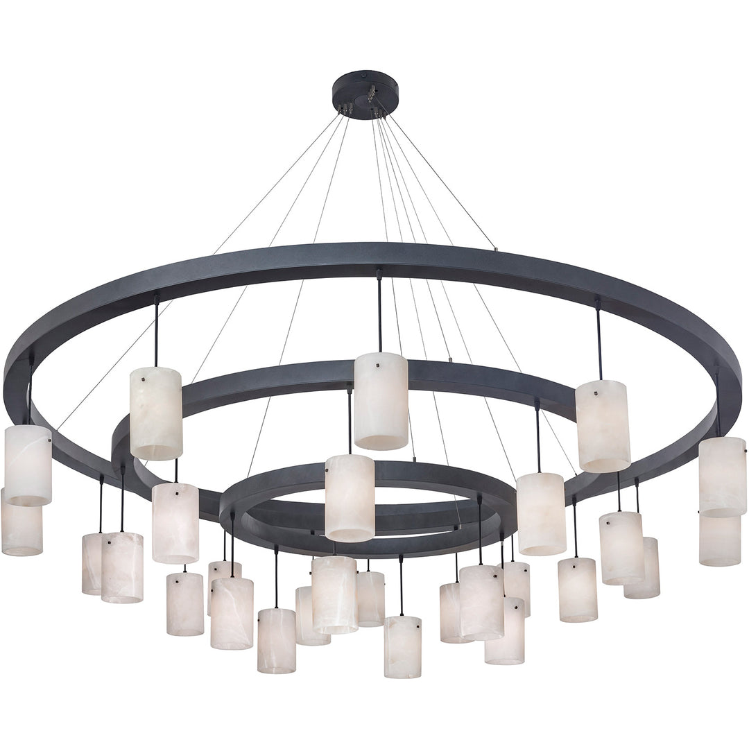 Stratos three-tier alabaster chandelier with 27 suspended natural stone shades arranged across three concentric architectural iron rings.