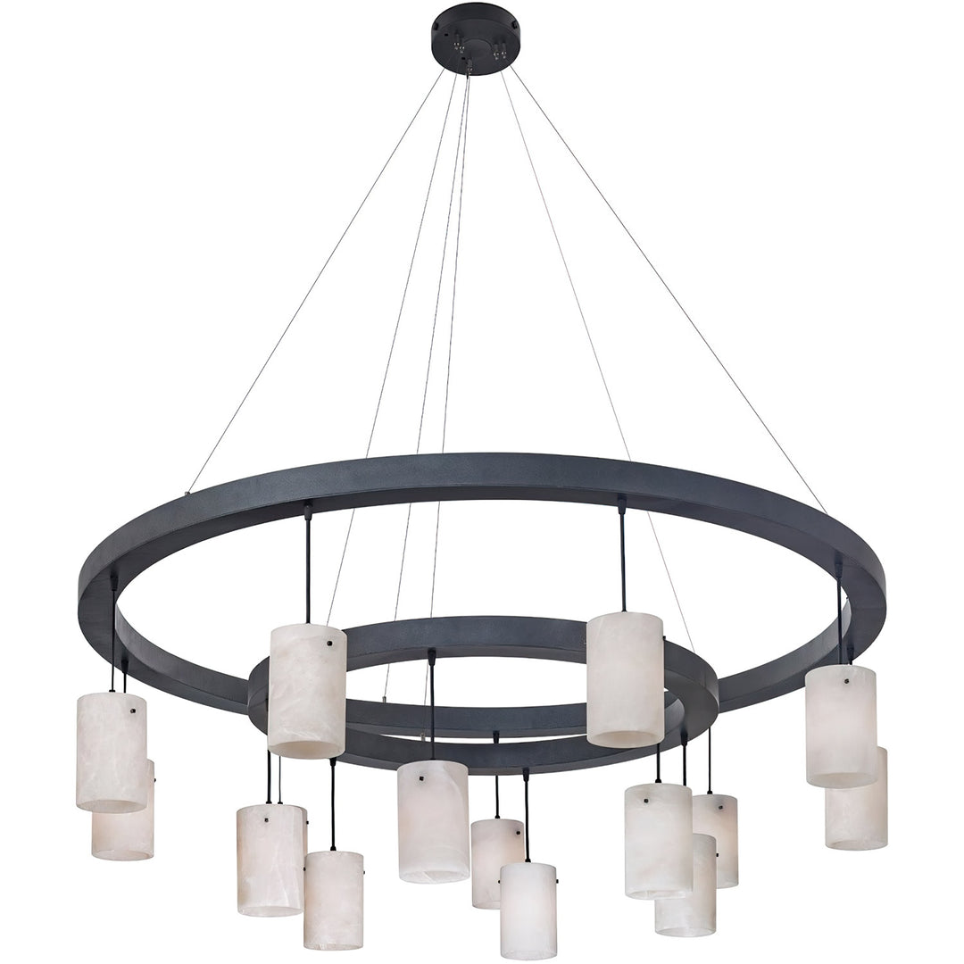 Stratos two-tier alabaster chandelier with 14 suspended natural stone shades and concentric iron rings in a 60-inch architectural design.