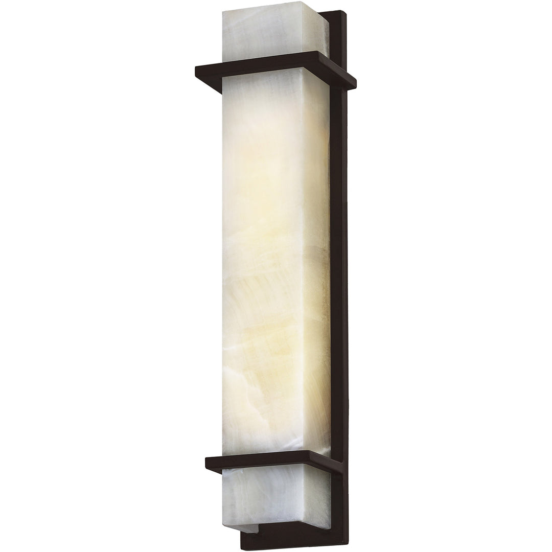Tempe 24-inch designer alabaster wall sconce with illuminated natural stone, architectural iron bands, and a dark artisan finish.