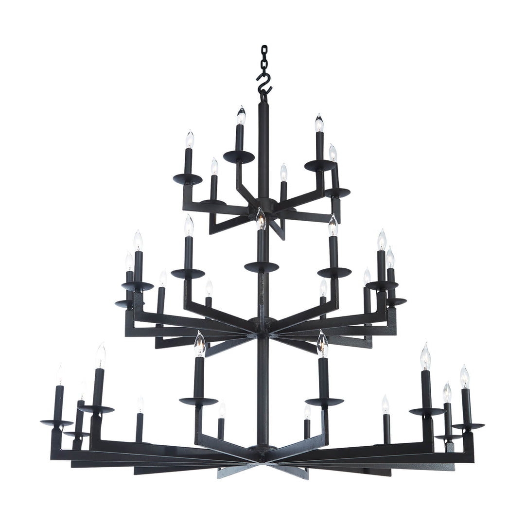 The W 30-light three-tier wrought iron chandelier with geometric arms, graduated architectural levels, candle lights, and a dark artisan finish.