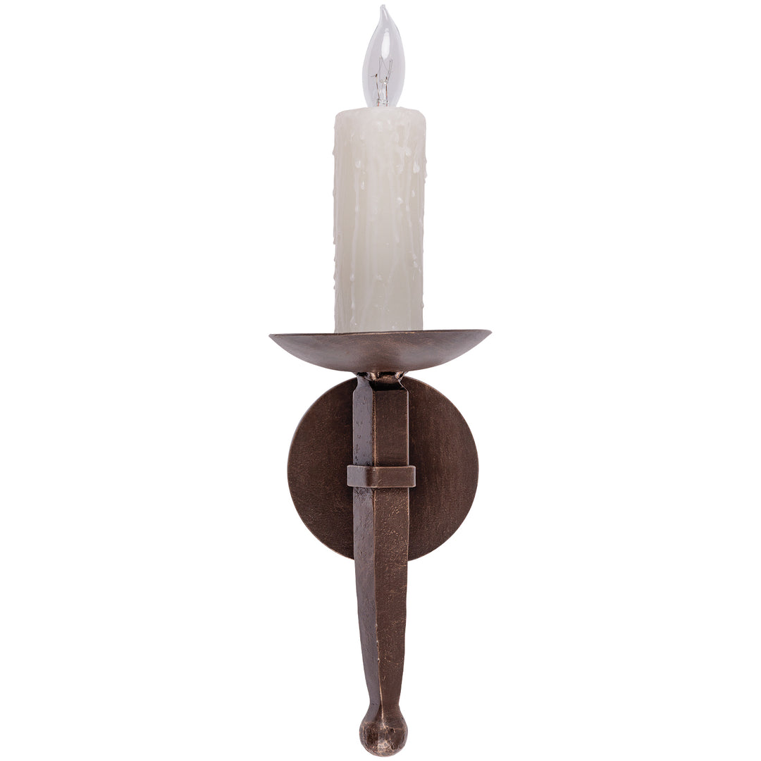 Torch SC-009 single-light wrought iron wall sconce with round backplate, shallow candle pan, tapered forged stem, and rounded finial.