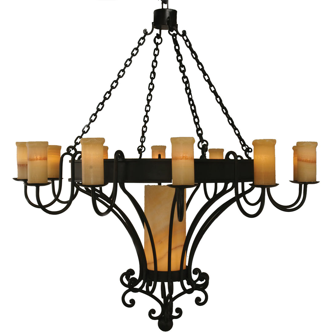 Trevi Estate thirteen-light alabaster chandelier with natural stone shades, chain suspension, sweeping iron arms, and illuminated centerpiece.