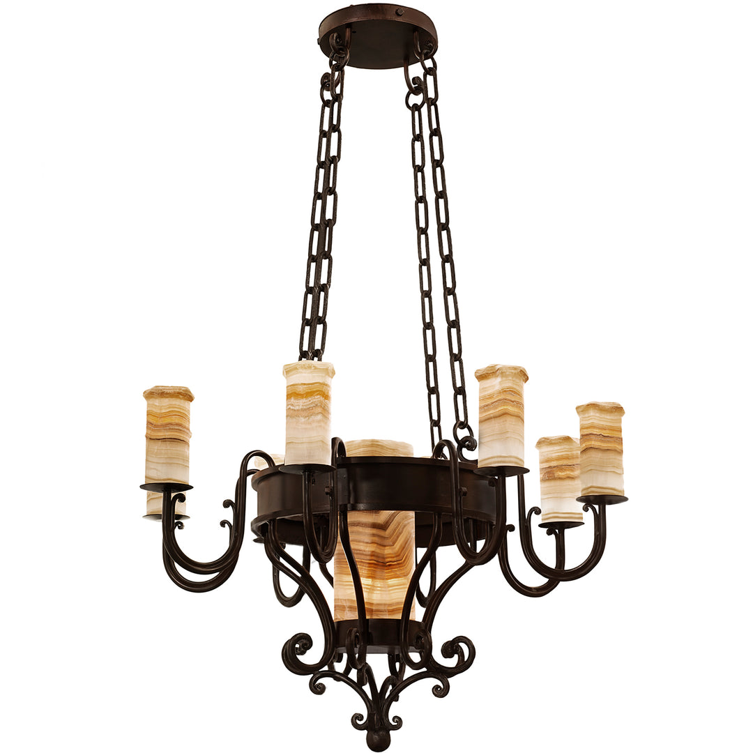 Trevi Grand alabaster chandelier with natural stone shades, illuminated center stone, sweeping iron arms, chain suspension, and ornamental scrollwork.