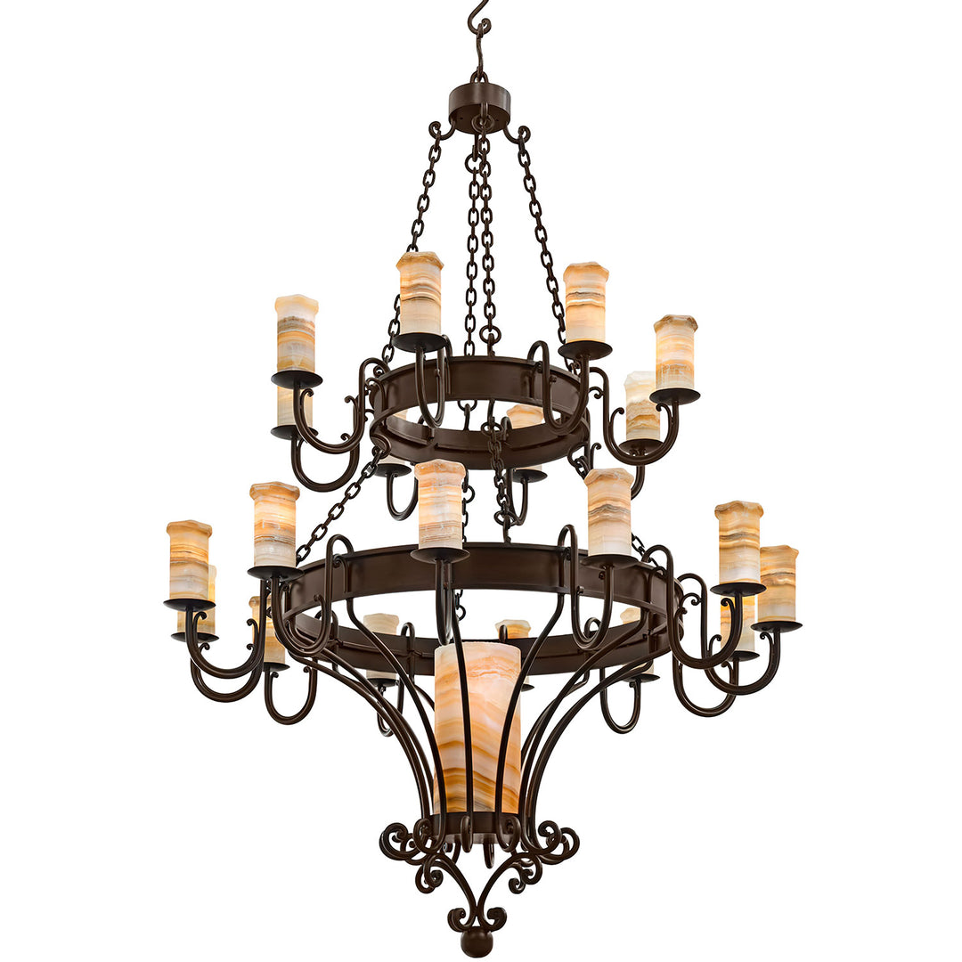 Trevi Grand two-tier alabaster chandelier with natural stone shades, sculptural iron arms, chain suspension, and illuminated lower alabaster centerpiece.
