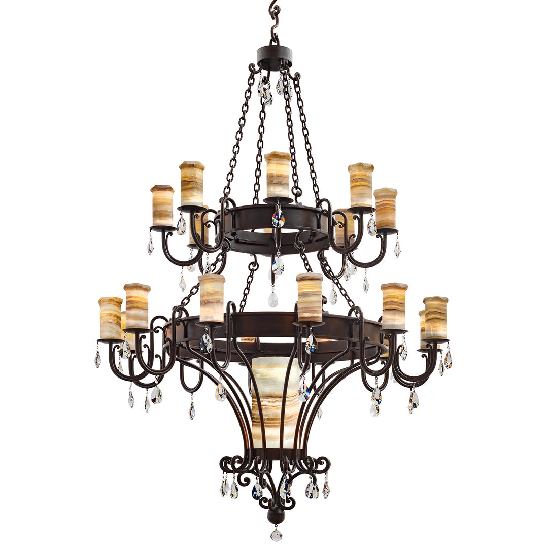 Trevi heirloom two-tier alabaster chandelier with sculptural ironwork, luminous natural stone shades, and suspended faceted crystal accents.