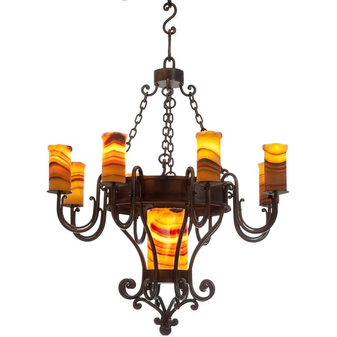 Trevi nine-light alabaster chandelier with luminous natural stone shades, sculptural curved ironwork, suspended details, and ornamental scrolls.