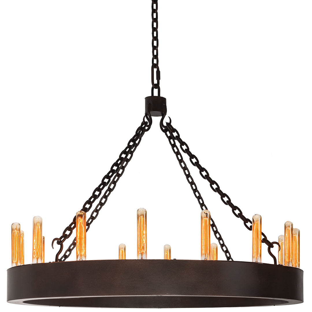 Troy single-tier wrought iron ring chandelier with exposed tubular lamps, chain suspension, and a dark hand-applied iron finish.