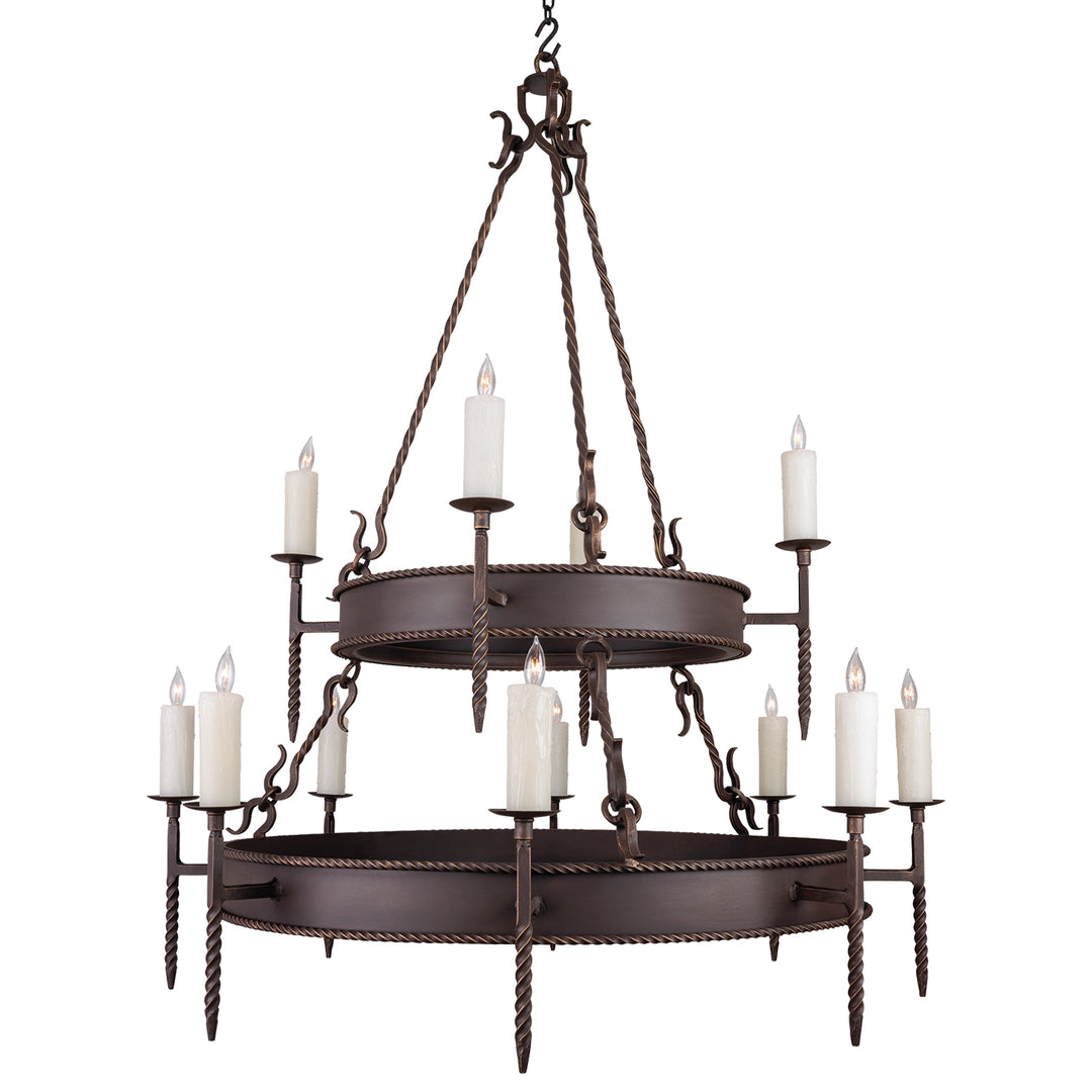 Two-Tier Lodge wrought iron chandelier with twelve candle lights, dual circular tiers, twisted iron details, and sculptural suspension elements.