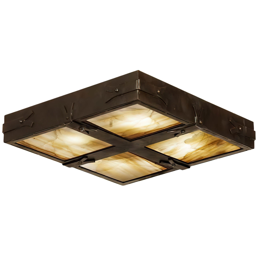 Vecchio handcrafted flush mount lighting with wrought iron square frame, four alabaster panels, artisan finish, and custom options
