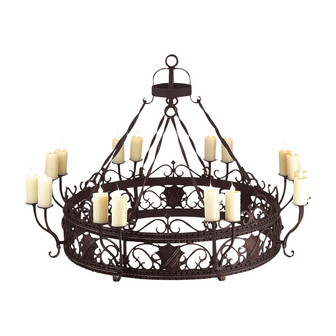 Venice round wrought iron chandelier with hammered decorative frame and 8-16 lights, handcrafted in Dallas with optional alabaster shades