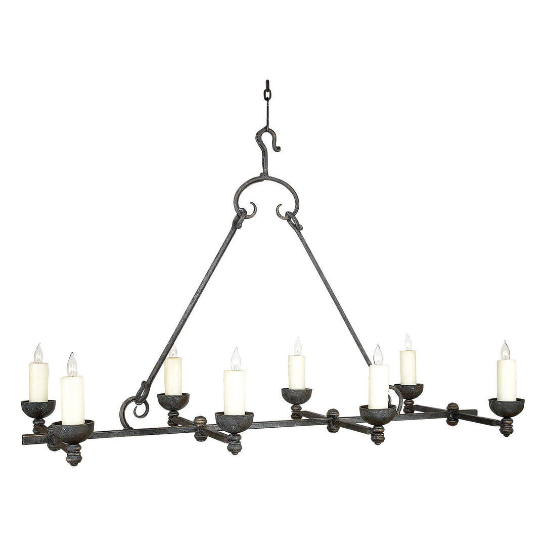 Venti rectangular wrought iron chandelier with linear frame and candle lights designed for dining tables and handcrafted iron lighting