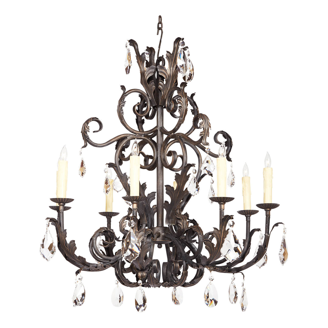 Verona heirloom wrought iron chandelier with ornate scrolling ironwork, candle lights, foliate details, and suspended faceted crystals.