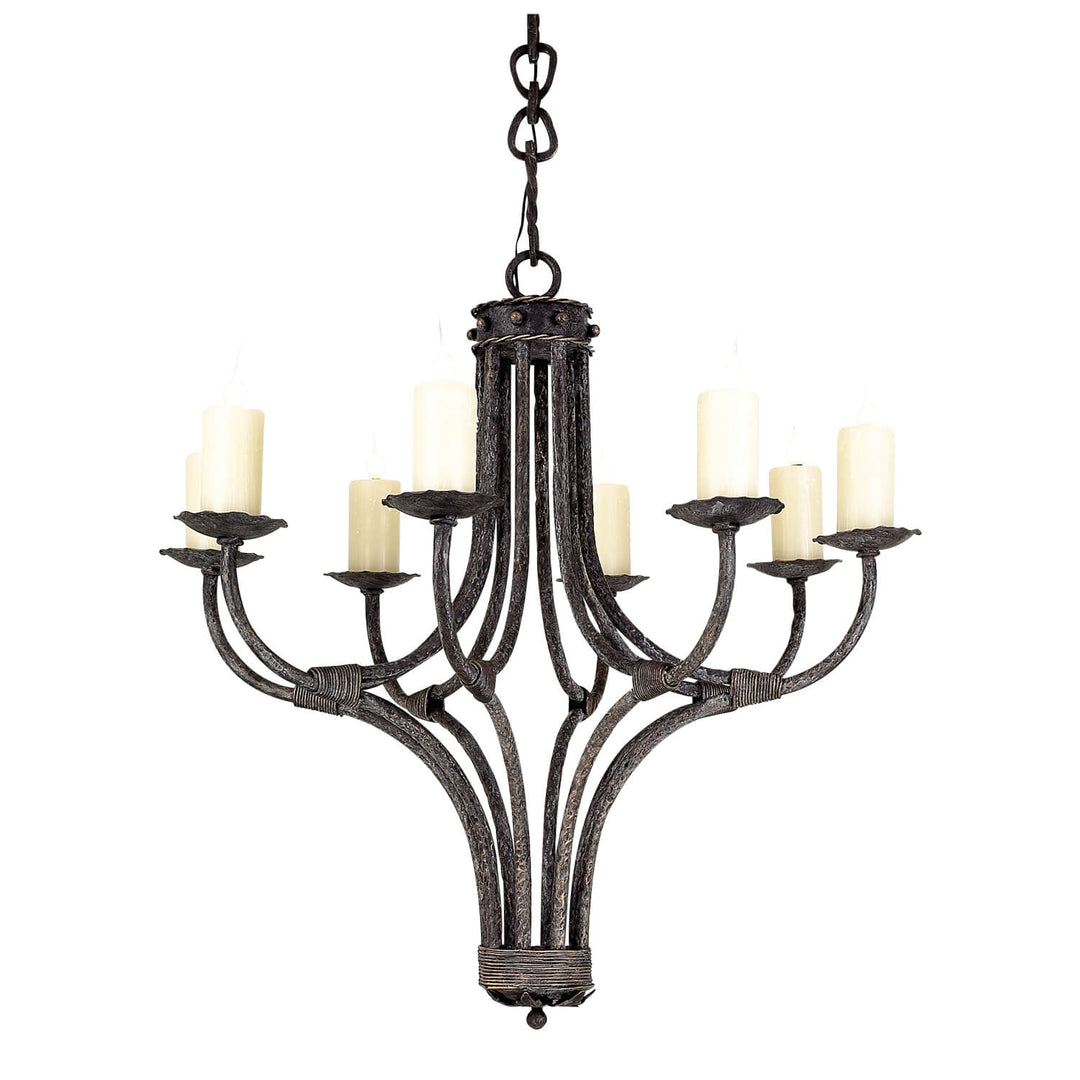 Wilson round wrought iron chandelier with sculptural hammered arms and 8-12 lights, handcrafted in Dallas with optional alabaster shades