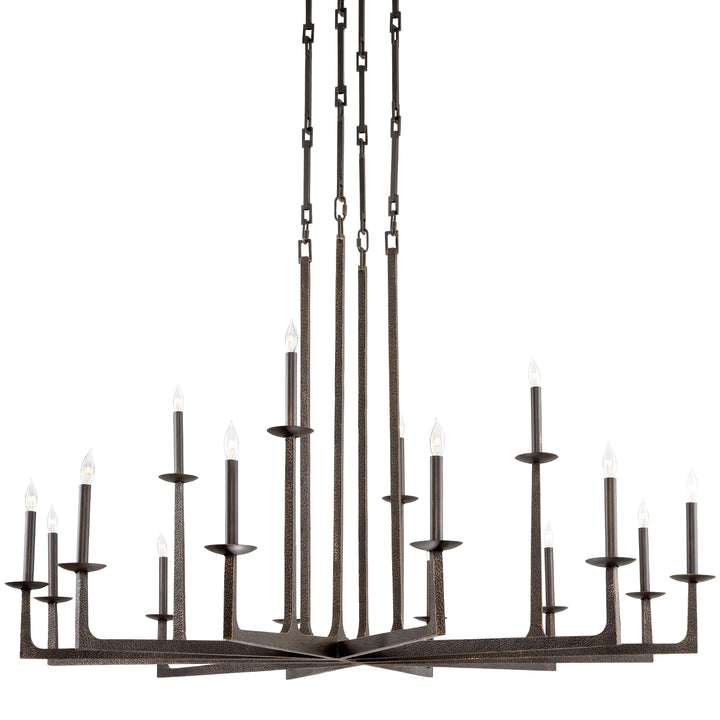 Wright 16-light wrought iron chandelier with intersecting horizontal arms, tall vertical suspension, and candle-style lights at varied heights.