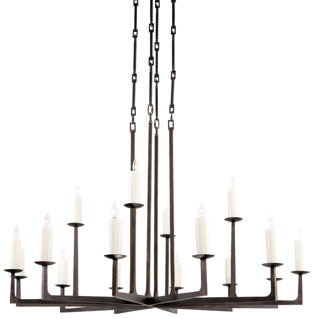 Alternate view of the Wright wrought iron chandelier showing its intersecting iron arms, elevated suspension structure, and sixteen candle-style lights.