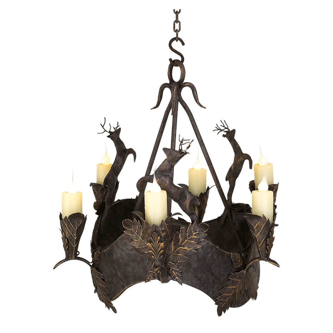 wrought iron deer chandelier with sculpted deer figures and leaf detailing, 6 light handcrafted designer lighting by manufacturer