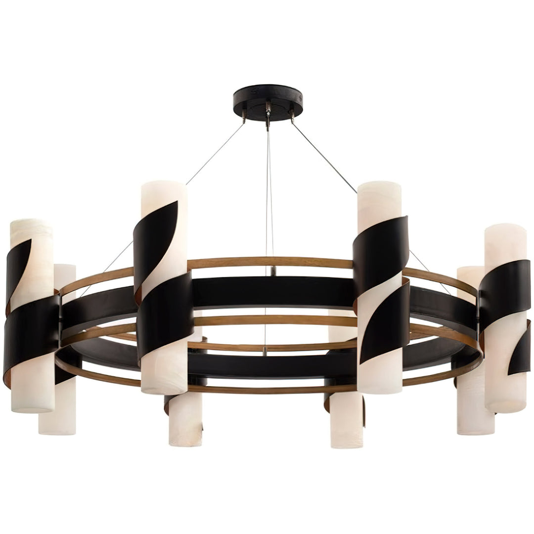 Zephyr round wrought iron chandelier with layered rings and alabaster shades, handcrafted in Dallas with modern sculptural design